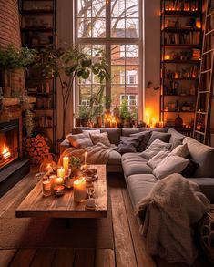 a living room filled with lots of furniture next to a fire place in a window