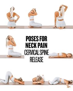 a woman is doing yoga poses for neck pain and her lower back has been pulled up