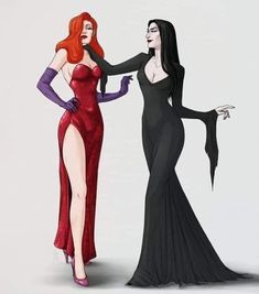 two women dressed in black and red are standing next to each other, one wearing a long dress