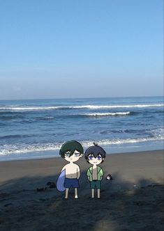 two cartoon characters standing on the beach next to the ocean with waves in the background