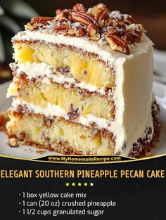 a piece of pineapple pecan cake on a white plate with the words, elegant southern pineapple pecan cake