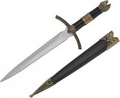 two different types of knifes with gold and black handles, one has an ornate design on the blade