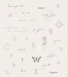 the back side of a white sheet with writing on it and pictures of different tattoos