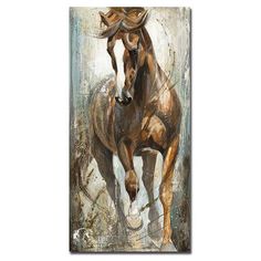 a painting of a brown horse running in the wind