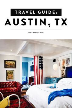 a bed room with a neatly made bed next to a red couch and two chairs