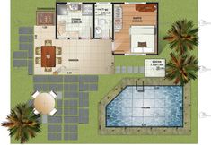 an aerial view of a house with pool and palm trees on the ground floor plan