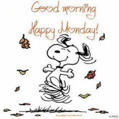 a cartoon dog is running through the air with leaves on it's tail and words that say, good morning happy monday