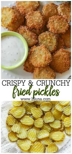 crispy and crunchy fried pickles on a plate with ranch dip in the background