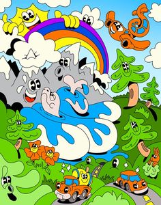 an image of a cartoon scene with cars and rainbows in the sky above them