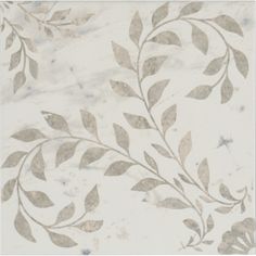 a white and grey wallpaper with leaves on it's side, in the middle of an image