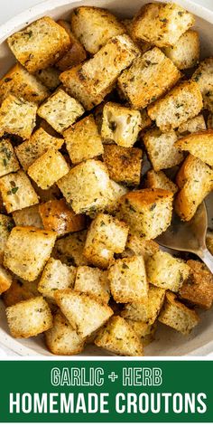 garlic and herb homemade croutons in a bowl