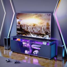 an entertainment center in a living room with a large television on it's stand