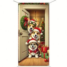 two corgi dogs wearing santa hats and glasses are standing in front of a door decorated for christmas