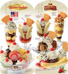 an advertisement for sundaes with various desserts and ice cream on it's sides