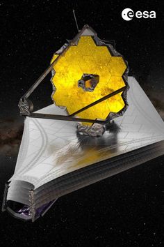 an artist's rendering of a satellite device in the outer space, with yellow and black details