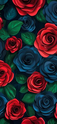 red and blue roses with green leaves on a black background, seamless wallpaper