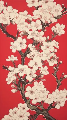 a painting of white flowers on a red background