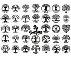 a large collection of tree designs in black and white, with the words love written on them