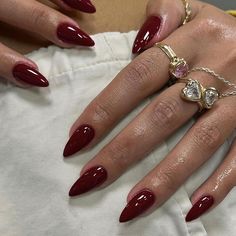 Red Stiletto Nails, Stiletto Nails Short, Dark Red Nails, Milky Nails, Almond Acrylic Nails, Red Nail