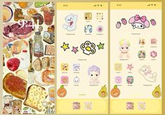 two screens showing different food items and stickers on the same screen, one with hello kitty