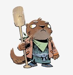 an illustration of a beaver holding a spatula in his hand and looking at the ground