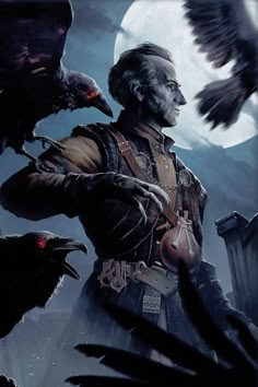 a painting of a man with two crows on his shoulder and one crow perched on his arm