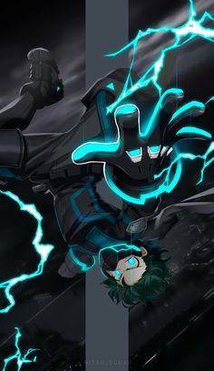 an anime character is flying through the air with lightning in his hair and green eyes