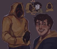 a drawing of a man in a yellow hoodie and another person wearing a brown jacket