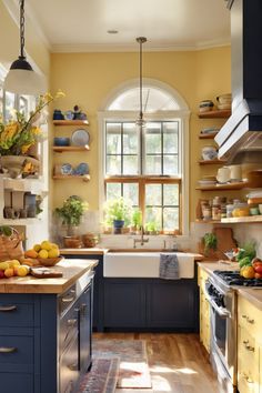 Bright kitchen with blue cabinets, a farmhouse sink, and open shelves displaying dishes and plants. Mustard Yellow Walls Kitchen, Blue And Yellow Farmhouse Kitchen, Yellow Kitchen Blue Cabinets, Galley Kitchen Colors Schemes, Kitchen Ideas Colourful, Bold Color Kitchen, Cozy Kitchen Color Palette, Yellow Kitchen Walls With White Cabinets, Yellow And Navy Kitchen