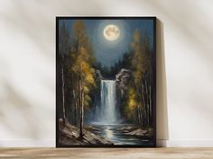 a painting of a waterfall in the woods under a full moon