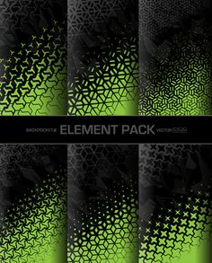 a set of abstract black and green patterns on a dark background with space for text