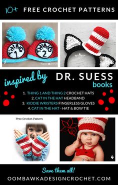 crochet patterns for hats and mittens are featured in the book, inspired by dr seuss