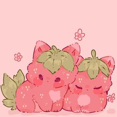 two cute little strawberrys sitting next to each other on top of a pink background