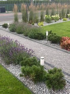 a garden with gravel, rocks and plants