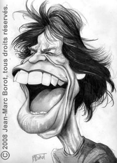 a caricature drawing of a man with his mouth open and hair blowing in the wind