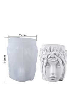 a white vase with a face on it next to a size guide for the head