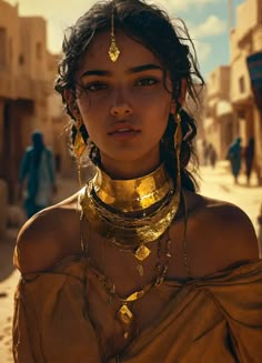 a woman wearing gold jewelry in the desert