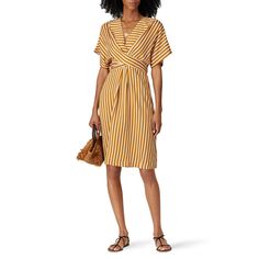 Yellow and white striped cotton (60% Cotton, 40% Viscose). Hourglass. Short sleeves. V-neckline. 43" from bust to hemline. Imported. Yellow Striped Dress, Moon River, Rent The Runway, Yellow Print, Closet Designs, Weekend Wear, Yellow Stripes, Yellow Dress, Striped Dress