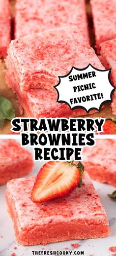 strawberry brownies are stacked on top of each other with the words summer picnic favorite