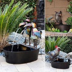 three pictures of different types of bird sculptures