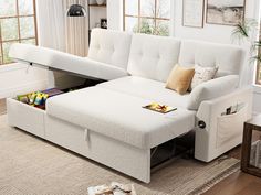 a couch with a pull out bed and storage underneath it in a living room area