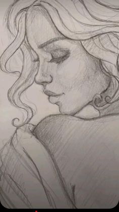 a pencil drawing of a woman's face with her hair blowing in the wind