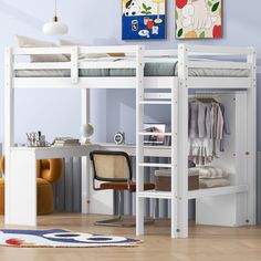 Twin Size Loft Bed with L-shaped Desk, Wardrobe and Storage Shelves