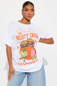 Available In White. Tshirt Crew Neck Short Sleeve Spongebob Graphic Front Screen Stretch Disclaimer: Due To The Printing Process A Difference In Saturation May Occur. Each Garment Is Unique. 100% Cotton Imported | The Krusty Crab Spongebob Tee Shirt in White size XS by Fashion Nova Crab Spongebob, Spongebob Shirt, Food Shirt, Teaching Outfits, White Fashion, Graphic Tees Women, White Tshirt, Top Tee, Shirt Outfit