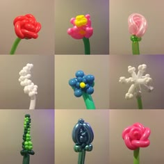 six different types of balloons in the shape of flowers