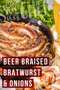 a beer and some food on a table with the words beer raised bratwurst & onions