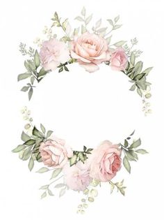 watercolor roses and greenery are arranged in the shape of an oval frame on a white background