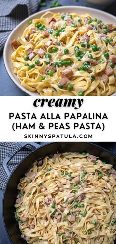 creamy pasta with ham and peas in a skillet