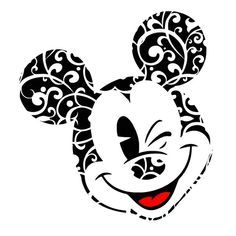 a mickey mouse face with swirly black and white designs