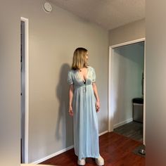 Vintage Baby Blue Satin Feeling Nightgown. Never Worn After Second Purchase. Perfect Condition. Kept In Garment Bag. Spring Blue Nightgown For Lounging, Blue Nightgown For Spring Lounging, Blue V-neck Sleepwear For Lounging, Blue Spring Nightgown For Lounging, Blue V-neck Nightgown For The Beach, Spring Lounging Blue Nightgown, Light Blue Fitted Sleepwear For Spring, Light Blue Sleep Dress, Blue V-neck Lounging Dress